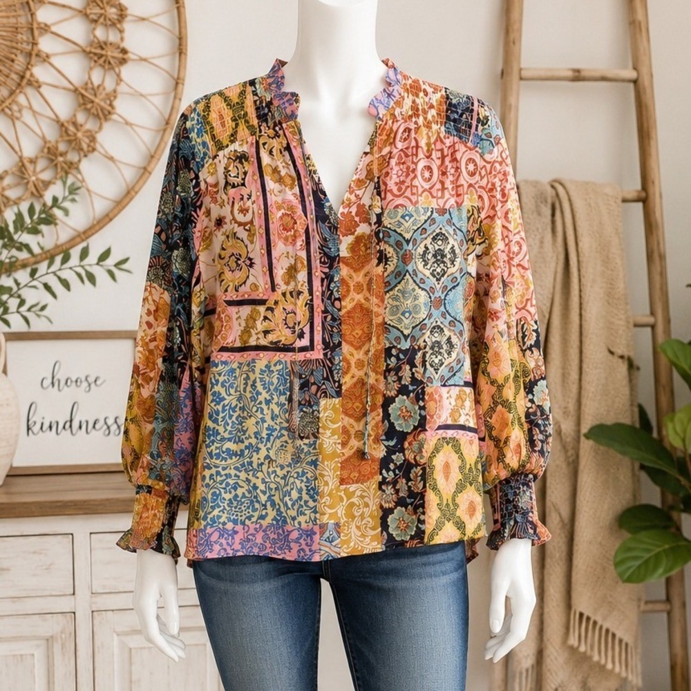 Avara Womens Blouse Patchwork Boho Smocked V-Neck Multicolor Medium